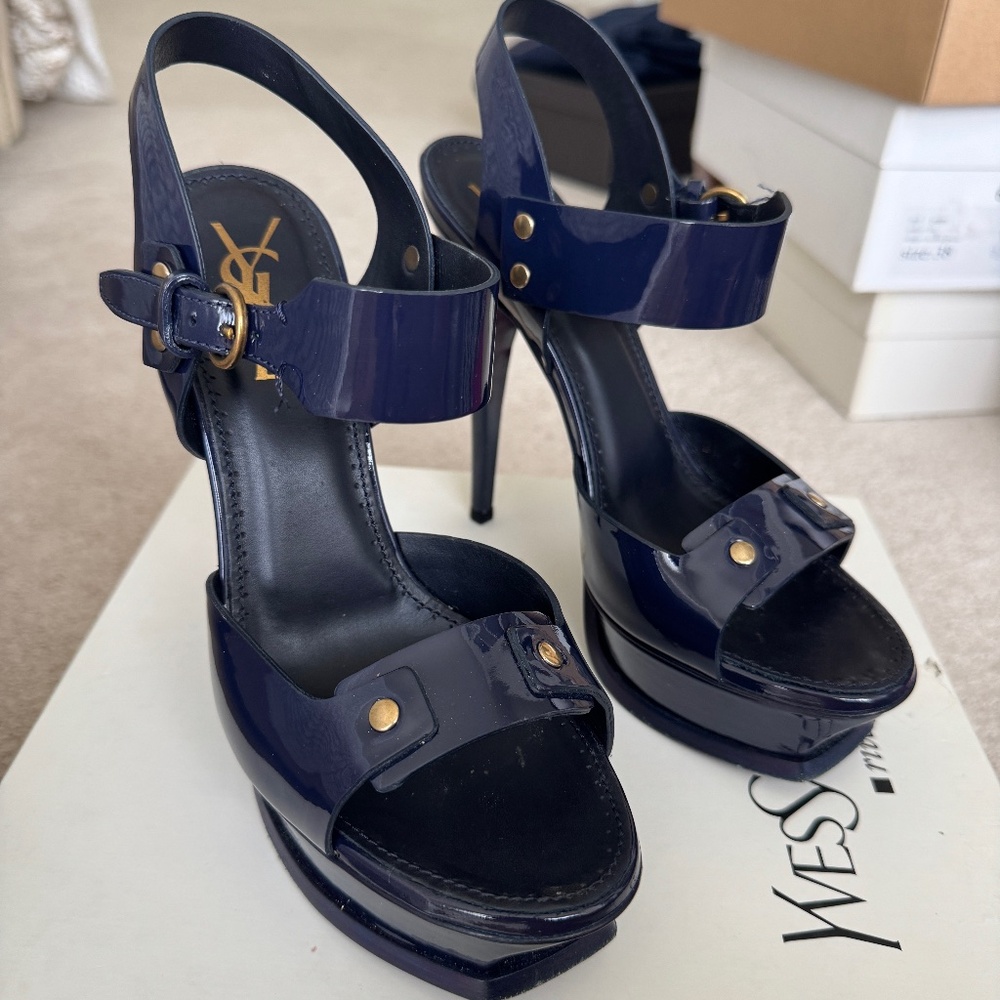 Yves Saint Laurent Navy Blue Patent Leather Open Toe Shoes
